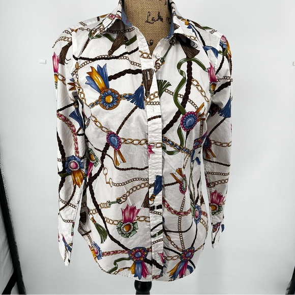 Talbots Long Sleeve Button Front Links & Ribbons Equestrian Cotton Shirt XS - Picture 2 of 10